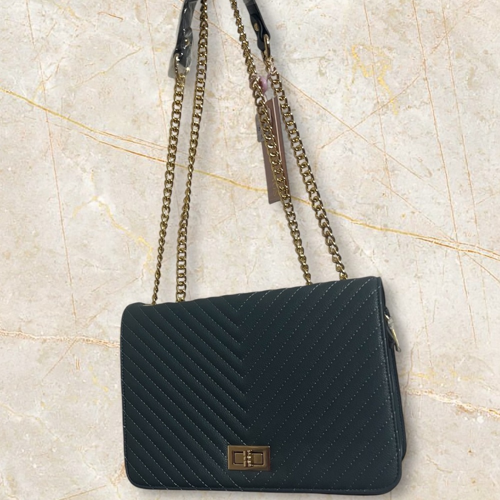 Chevron Quilted Vegan Leather Blue Convertible Bag Gold Hardware NWT - Picture 1 of 3